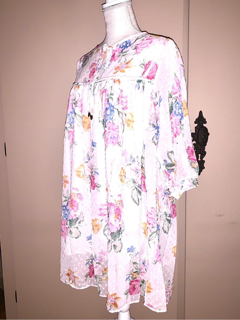Sheer Floral Baby Doll Dress - Pale Pink with Blue & Yellow Roses